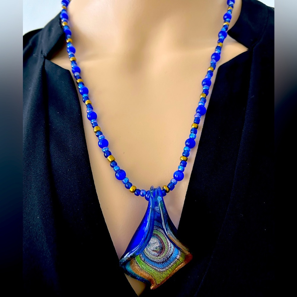 Handmade Blue Glass Beaded Necklace with Murano Glass Pendant
